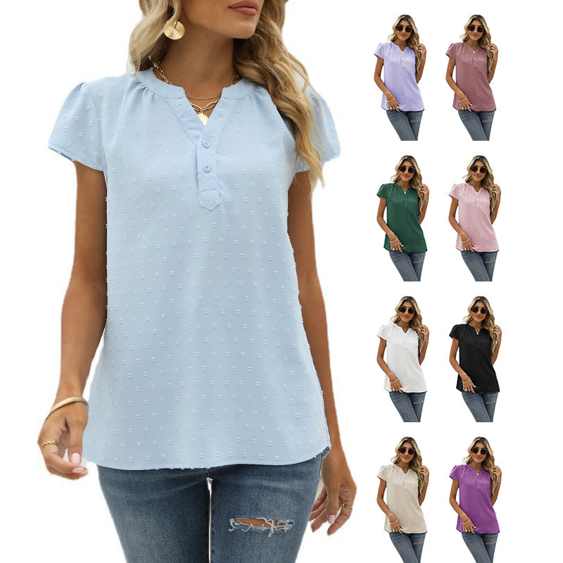Valenzora | Jacquard Chiffon Loose V-Neck Short Sleeve Top