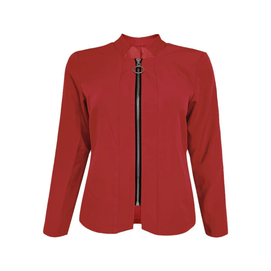 Women's modern blazer jacket with asymmetrical zipper and figure-hugging cut, size S