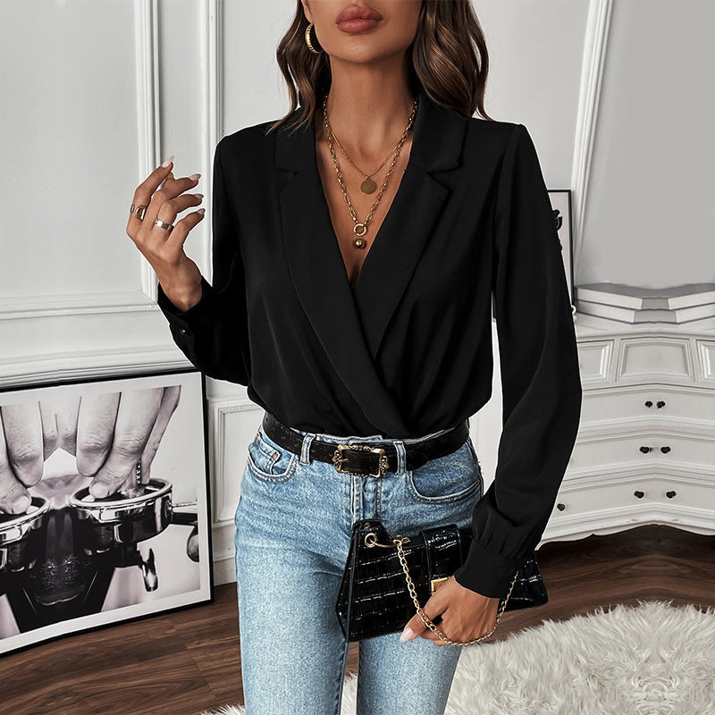 Women's bodysuit-style blouse with elegant wrap design, size