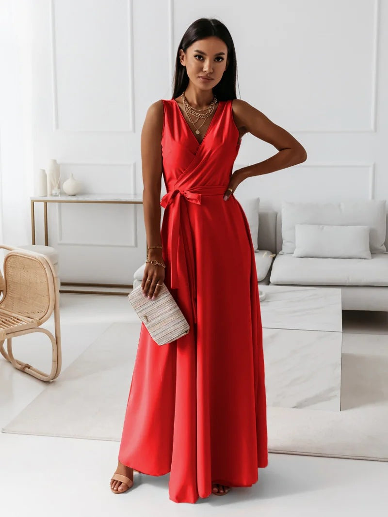 Valenzora | Women's Solid Color V-Neck Long Dress