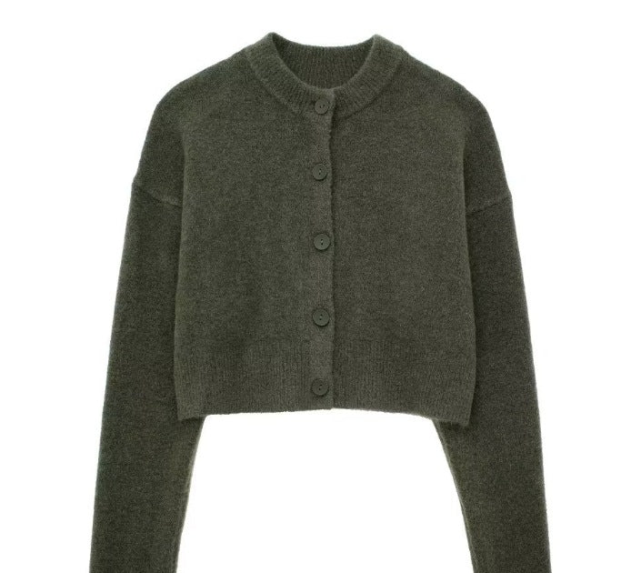 Women's short cardigan with button placket and elegant round neckline, size
