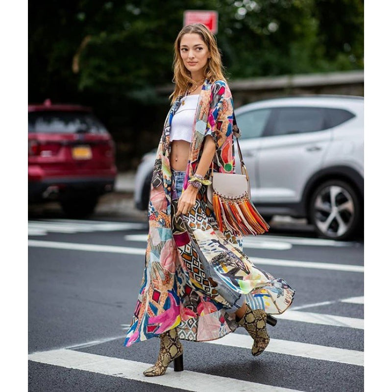 Women's kimono wrap with colorful patchwork design and lightweight fabric, size S