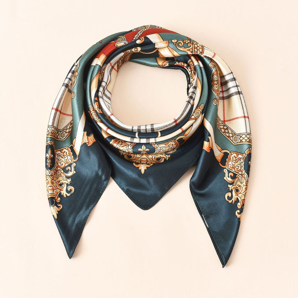 Women's silk scarf with an artistic baroque pattern and luxurious sheen, size S