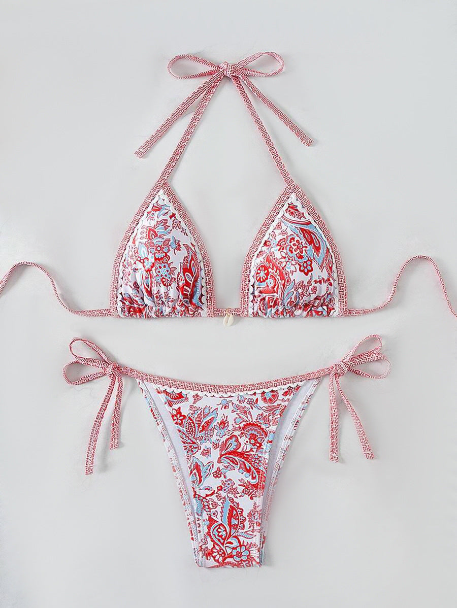 Women's triangle bikini set with playful floral pattern and adjustable ties, size [size]
