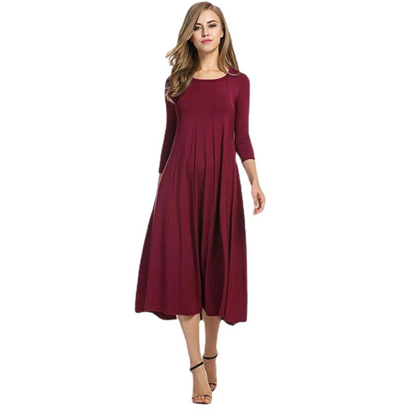 Valenzora | Square-neck 3/4-length solid-color midi dress