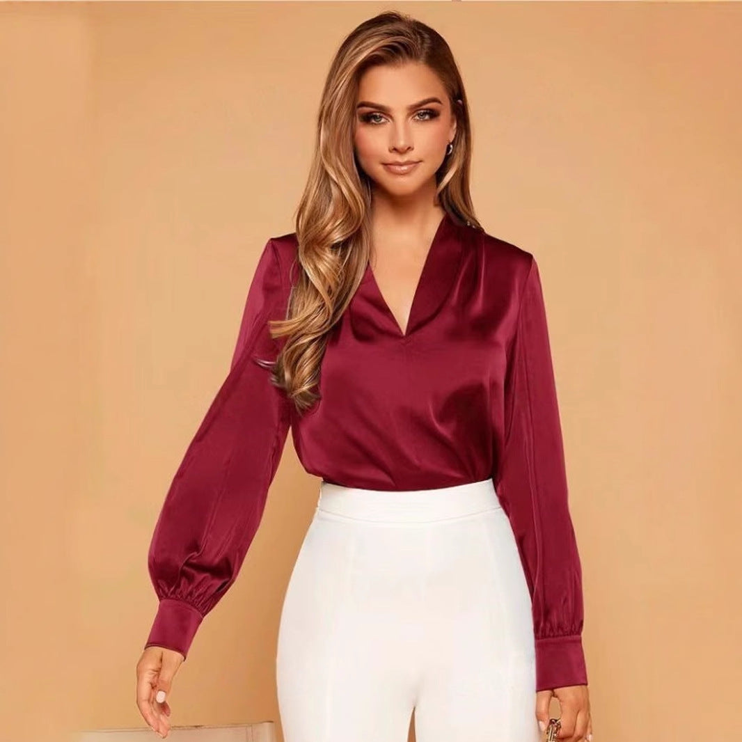 Valenzora | V-neck long-sleeved satin blouse