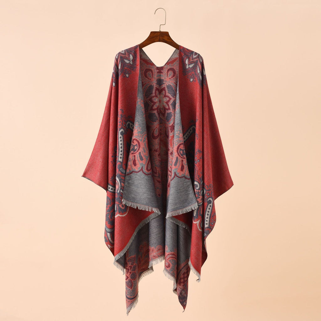 Women's Elegant Kimono Poncho with Artful Pattern and Fringed Edges Valenzora