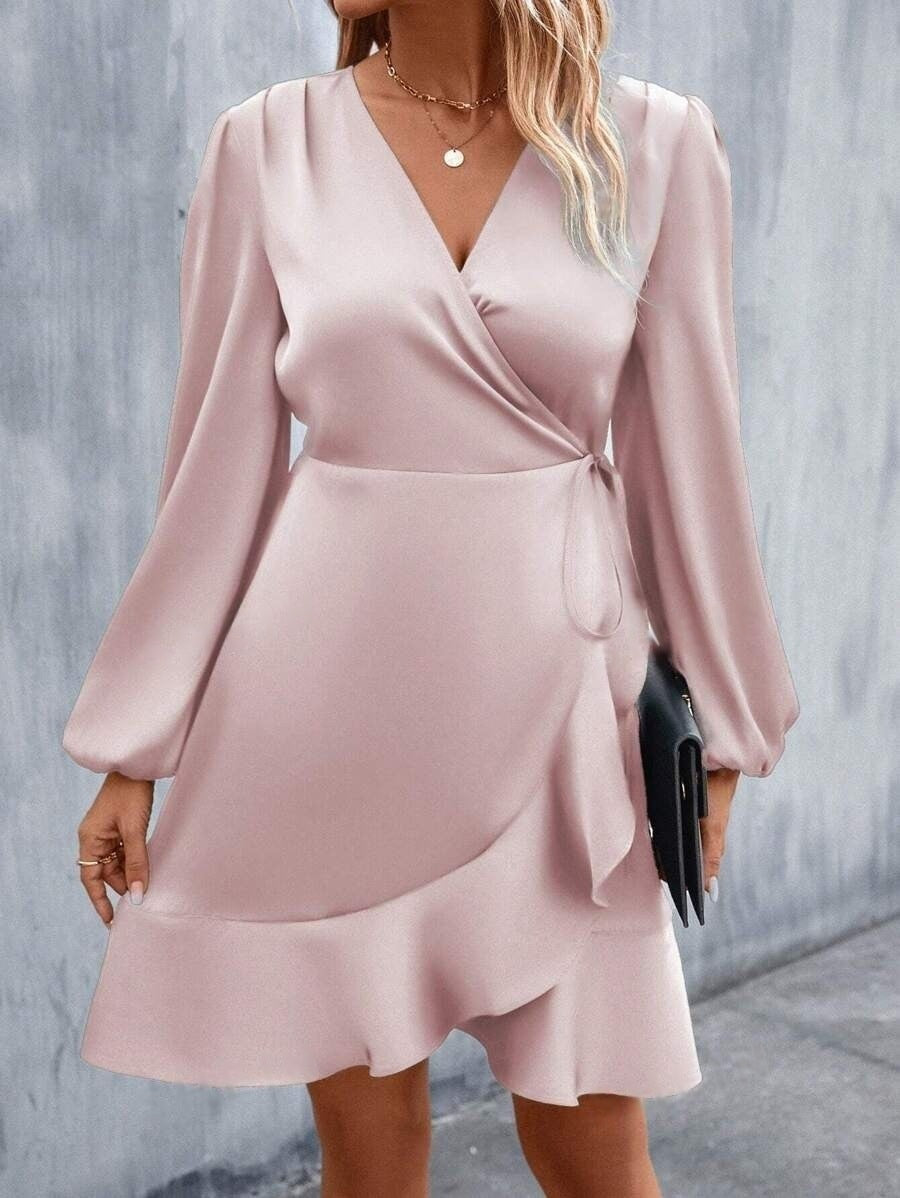 Valenzora | V-neck dress, satin, fitted waist, low neck, casual midi dress, cute women's clothing