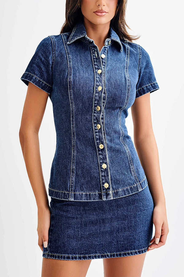 Women's denim dress with buttonable collar and close-fitting skirt Drune