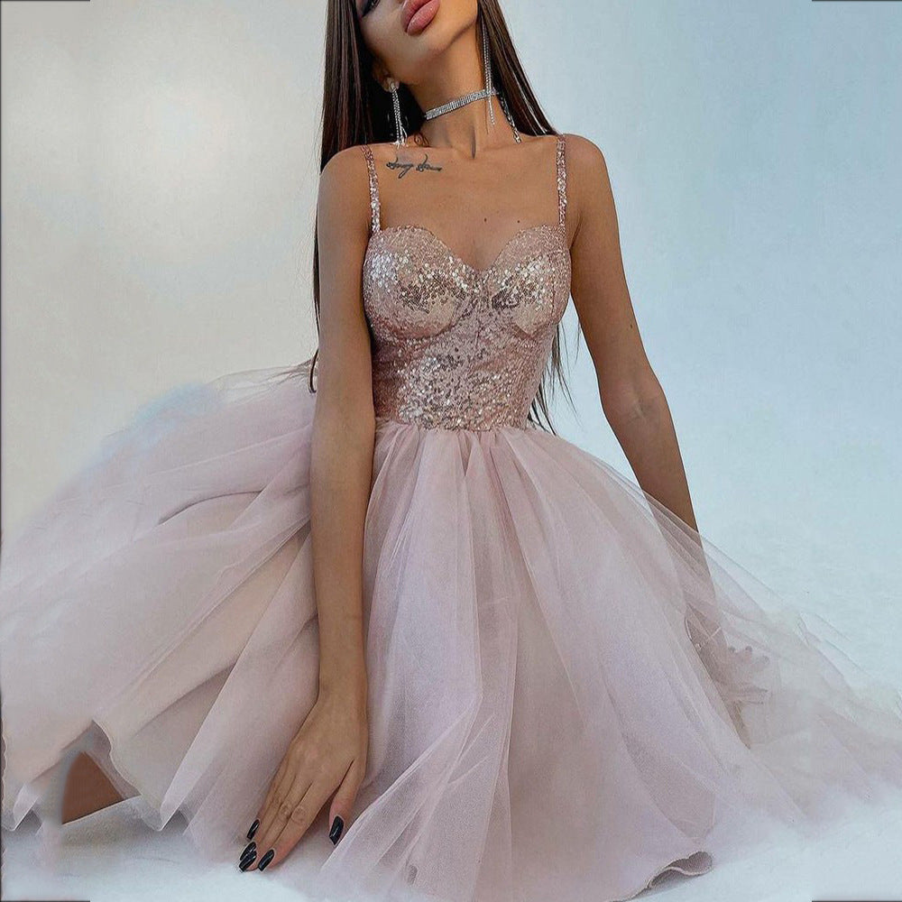 Women's cocktail dress with glittering top and voluminous tulle skirt, size
