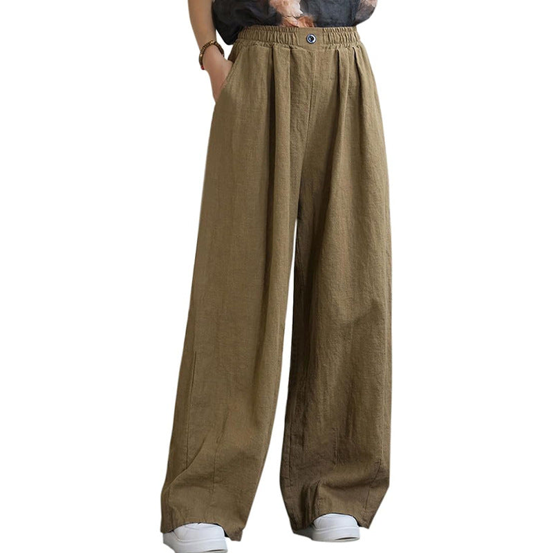 Women's wide linen trousers with elasticated waistband and feminine pleats, size