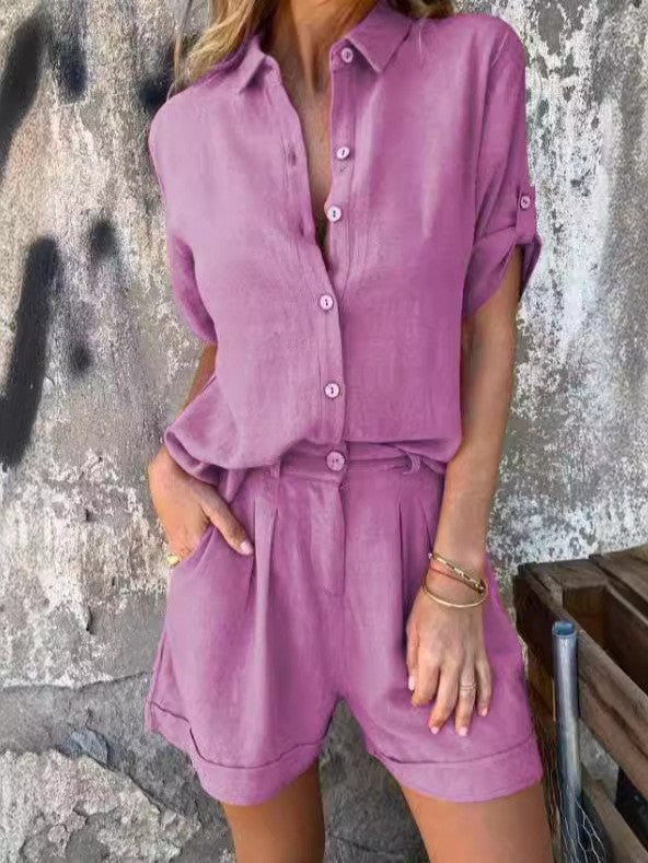 Women's casual jumpsuit with button-fastened top and practical drawstring waist