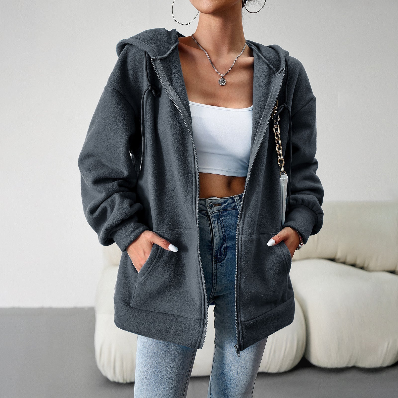 Damen-Fleecejacke mit praktischen Taschen und verstellbarer Kapuze, Größe S