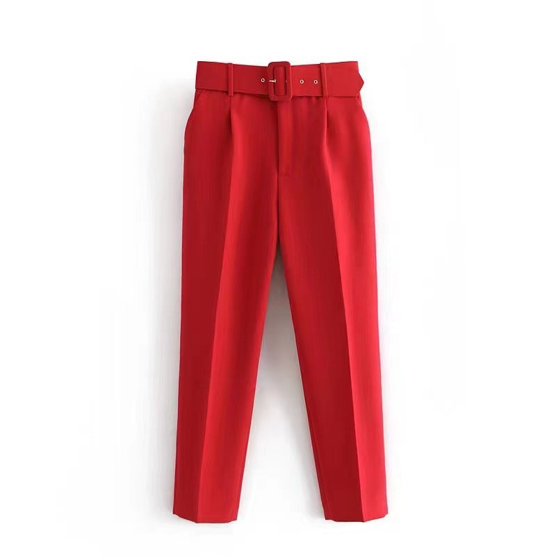 Women's wide-leg high-waisted trousers with a stylish belt, size