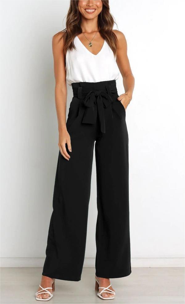 Women's elegant wide-leg trousers with waist belt, size