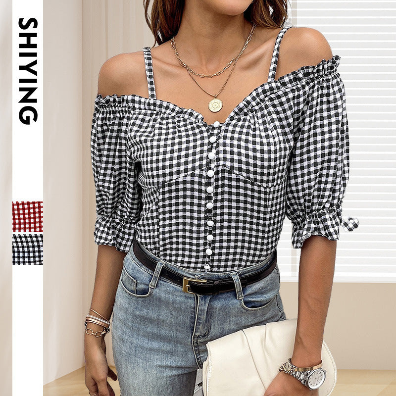 Women's off-the-shoulder blouse with ruffle details and check pattern, size [size missing]