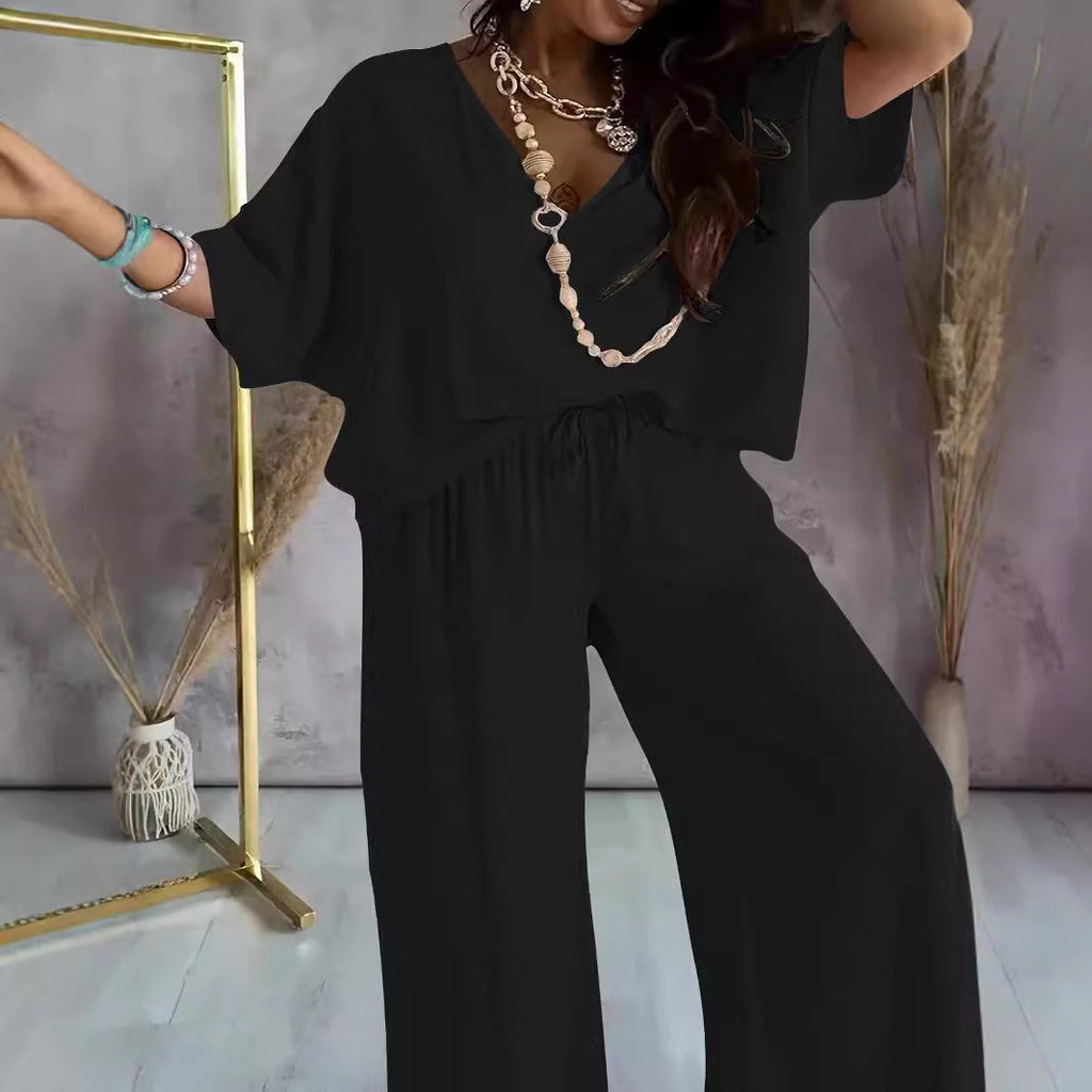 Eleganter Damen-Jumpsuit mit V-Ausschnitt und weitem Bein, Größe