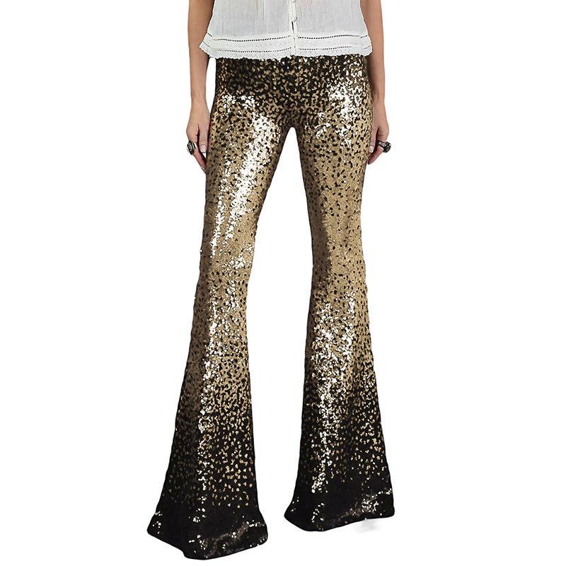 Women's Glittering Flared Trousers with Luxurious Sequin Pattern, Size