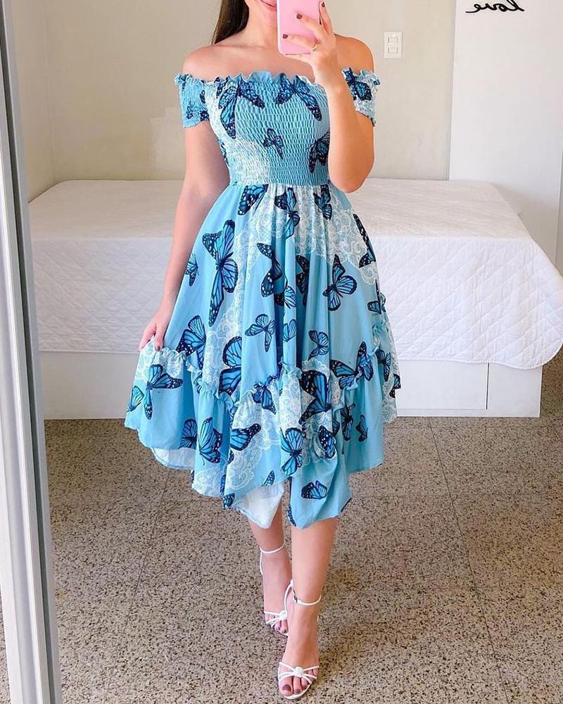 Damen-Sommerkleid, schulterfrei, mit buntem Schmetterlingsmuster und fließenden Falten, Größe S