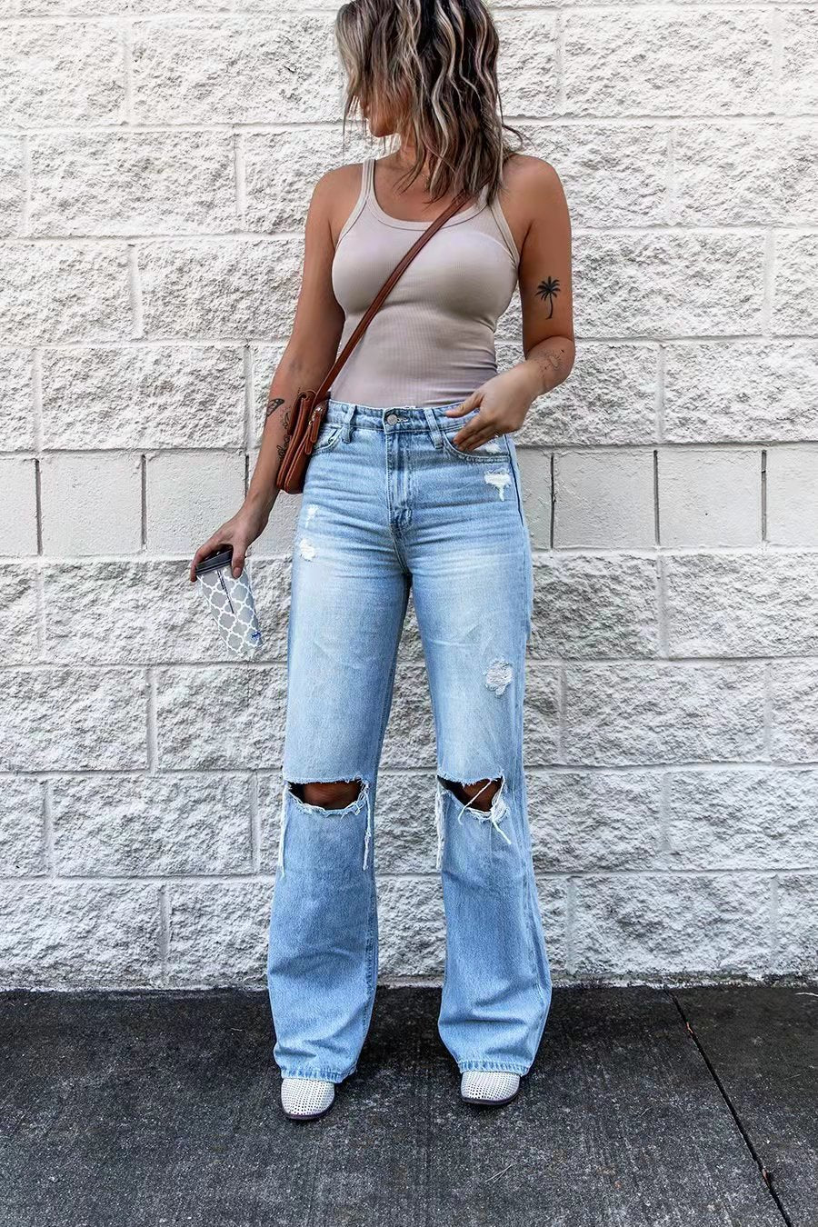 Valenzora | Women's High Waist Ripped Wide Leg Jeans