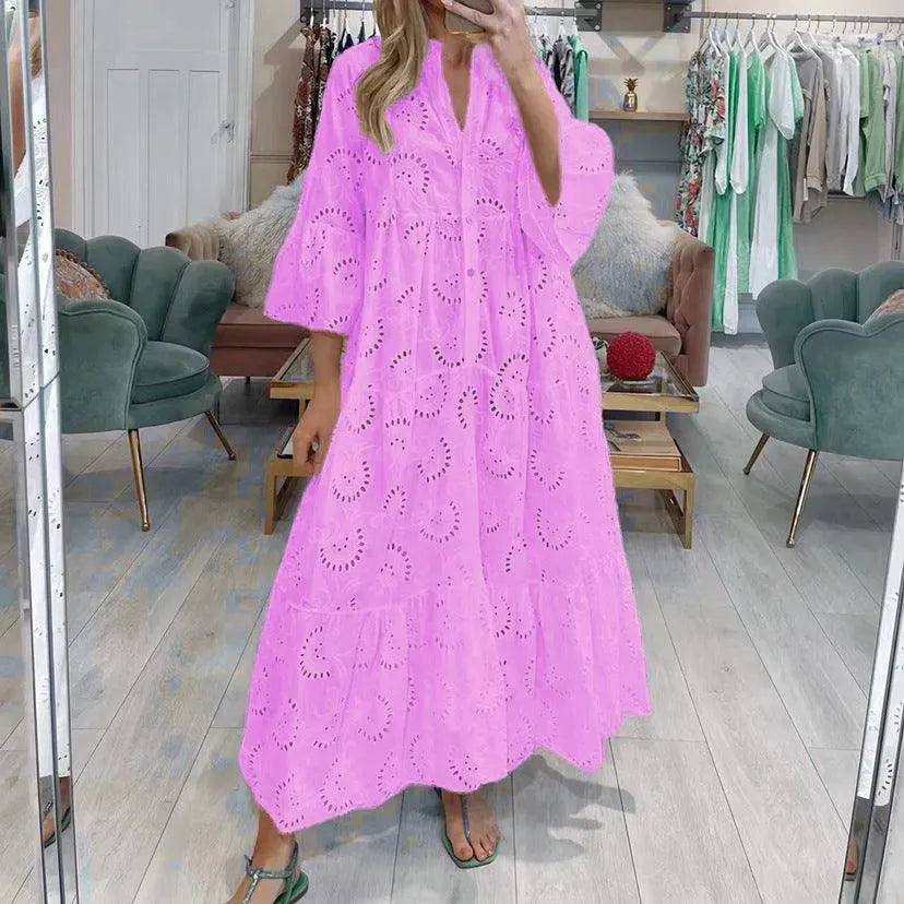 Valenzora | Women's full-length V-neck dress in French style