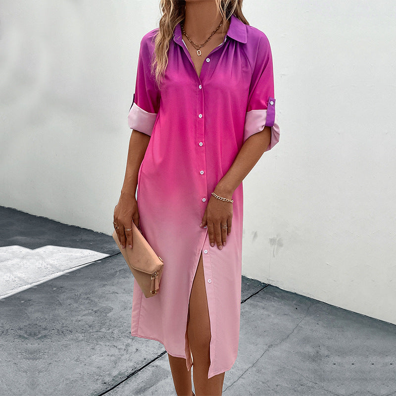 Women's midi dress with a modern color gradient and elegant shirt collar, size