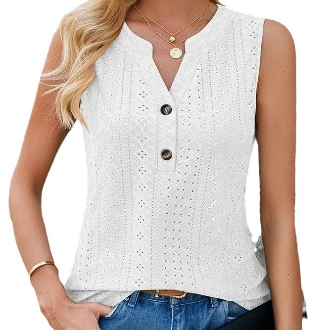 Damen-Ärmellose-Bluse mit Knopfdetails und feinem Lochmuster, Größe S