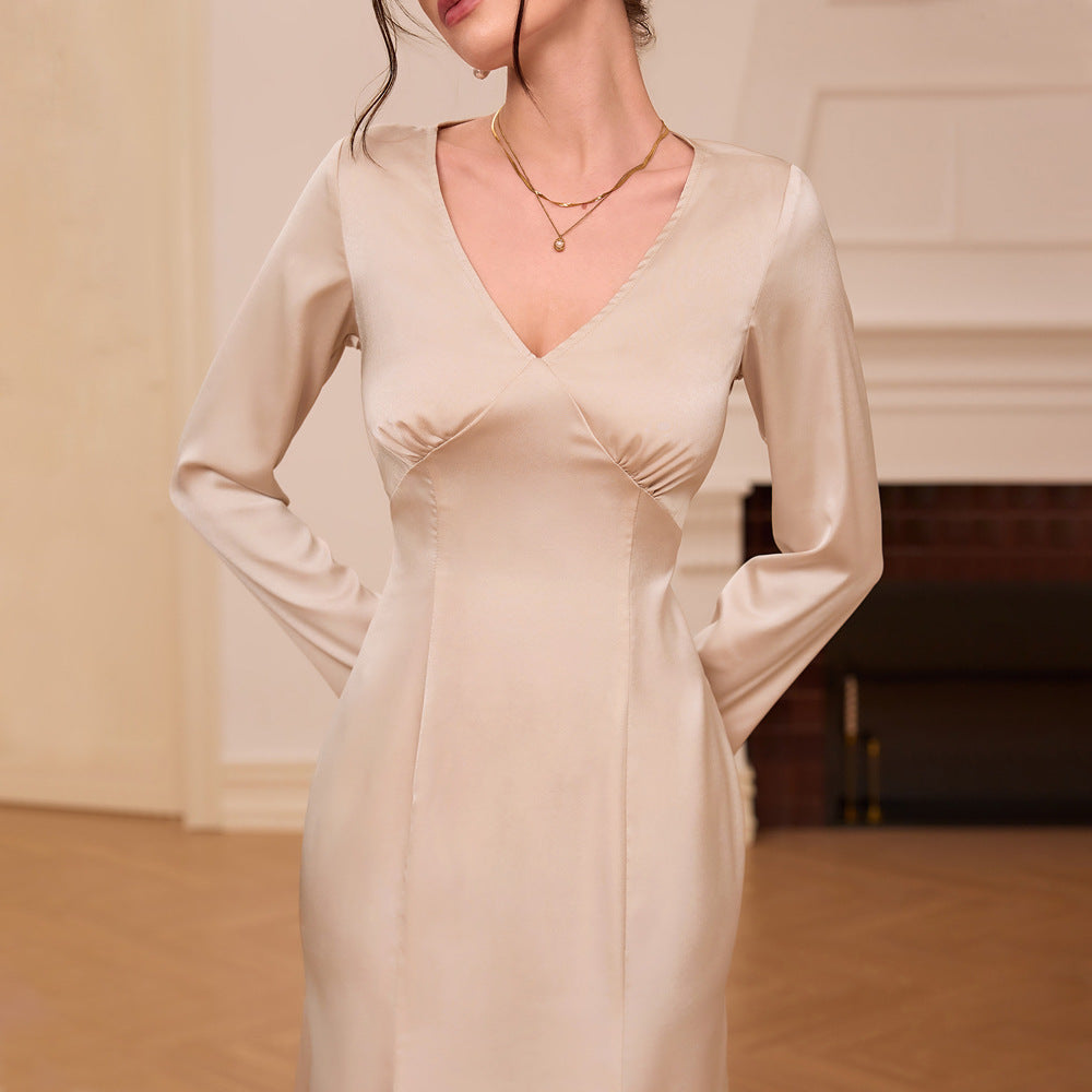Women's elegant satin dress with V-neck and long sleeves, size