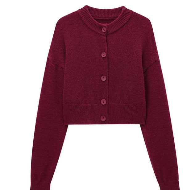 Women's short cardigan with button placket and elegant round neckline, size