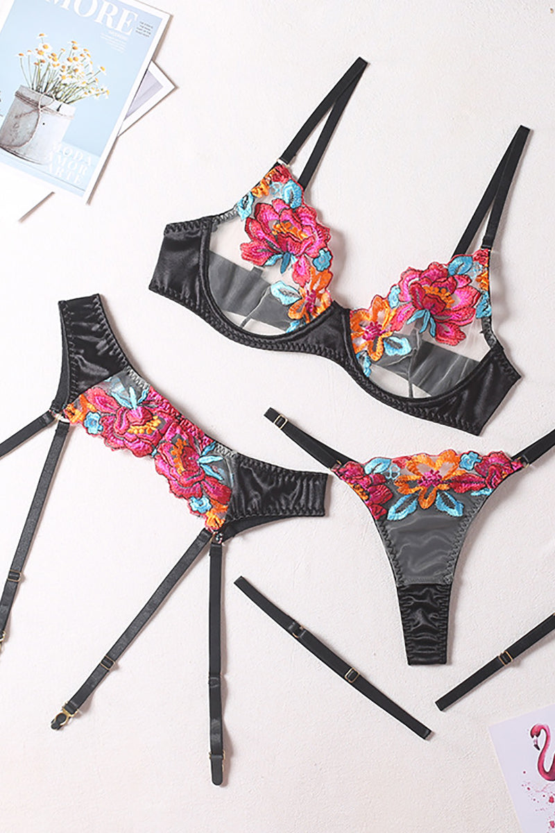 Valenzora | Satin Sheer Floral 3 Piece Lingerie Set