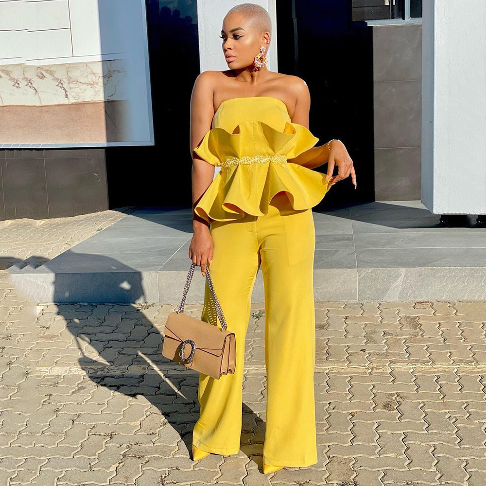 Women's jumpsuit with voluminous ruffle design and off-the-shoulder top, size