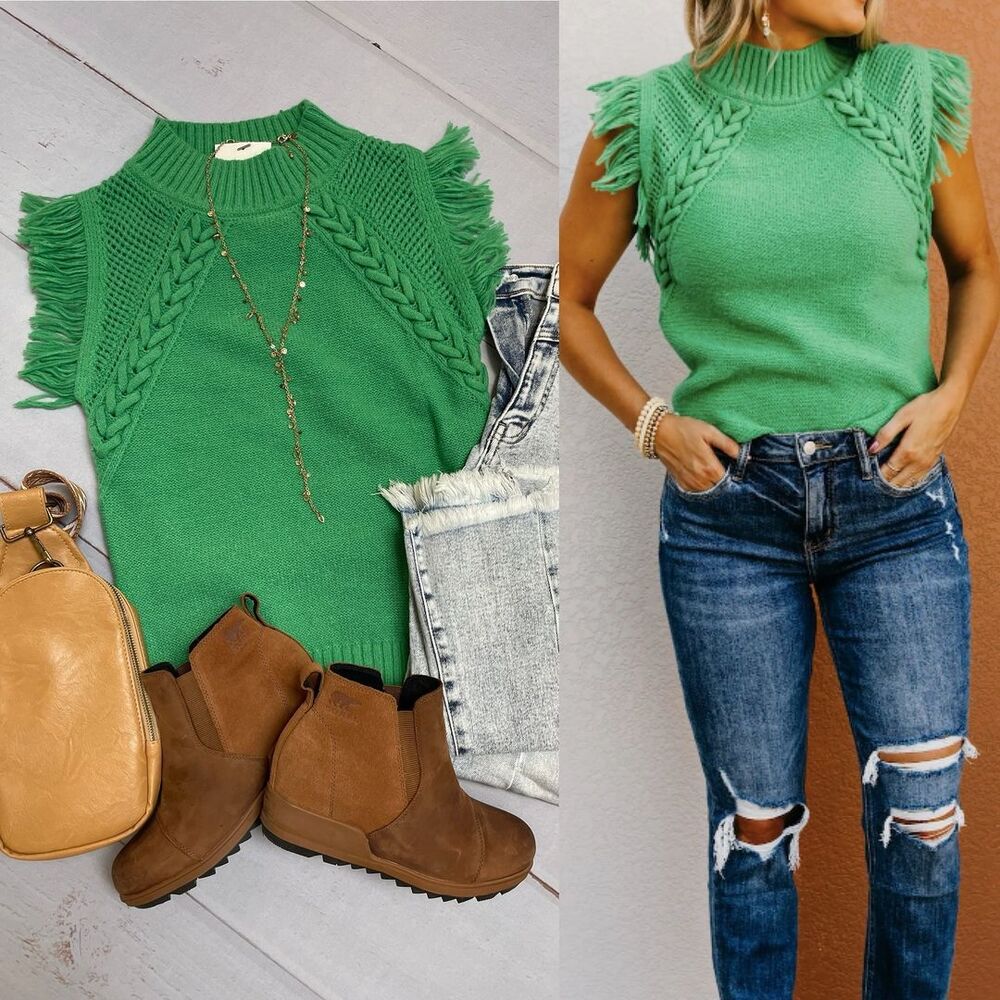 Women's elegant knit top with sophisticated crochet pattern and fringe, size S