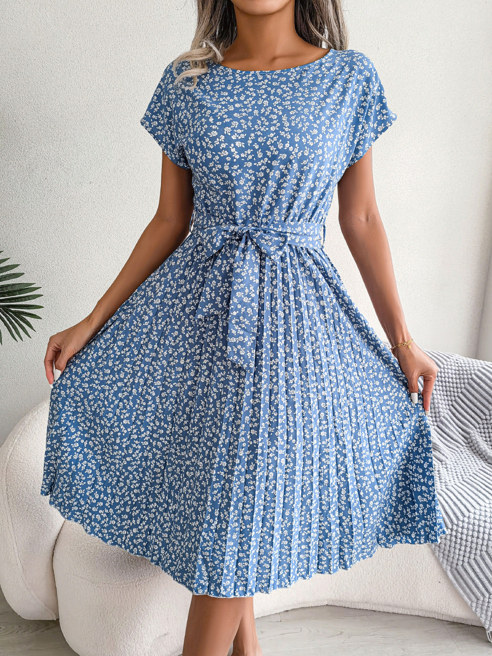 Valenzora | Spring Casual Short Sleeve Floral Large Swing Pleated Skirt