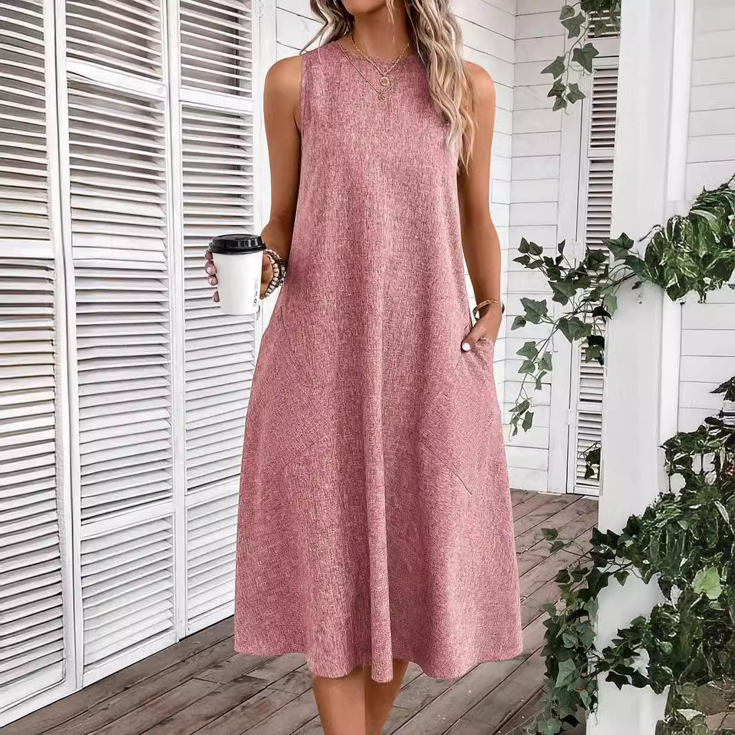 Women's casual midi dress with a deep neckline and practical pockets, size S