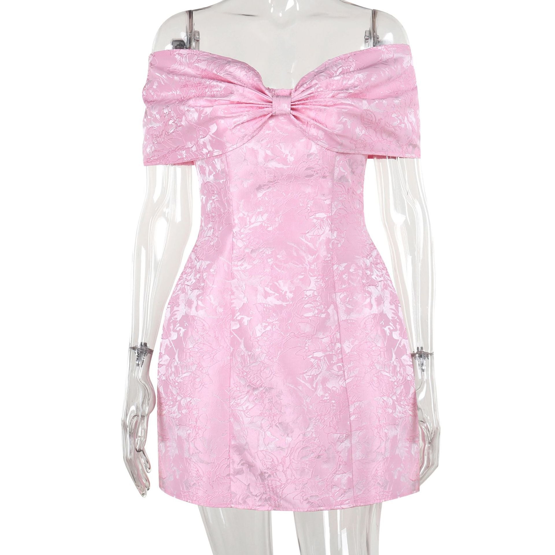 Women's off-the-shoulder cocktail dress with elegant floral pattern and elaborate ruffle trim, size S