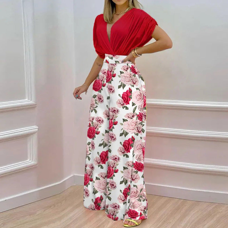 Damen-Jumpsuit mit tiefem V-Ausschnitt und weitem Bein, Größe