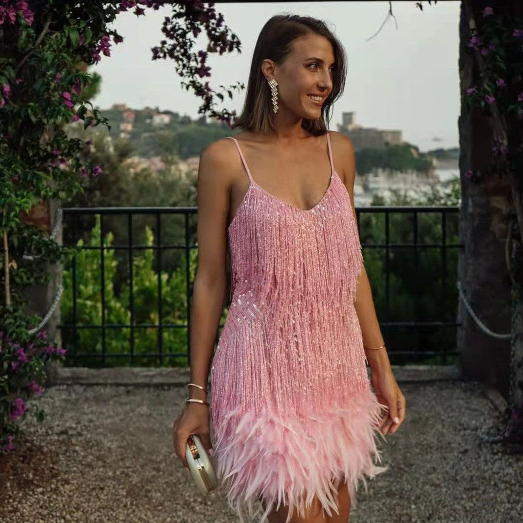 Valenzora-neckline slip dress with feather embroidery