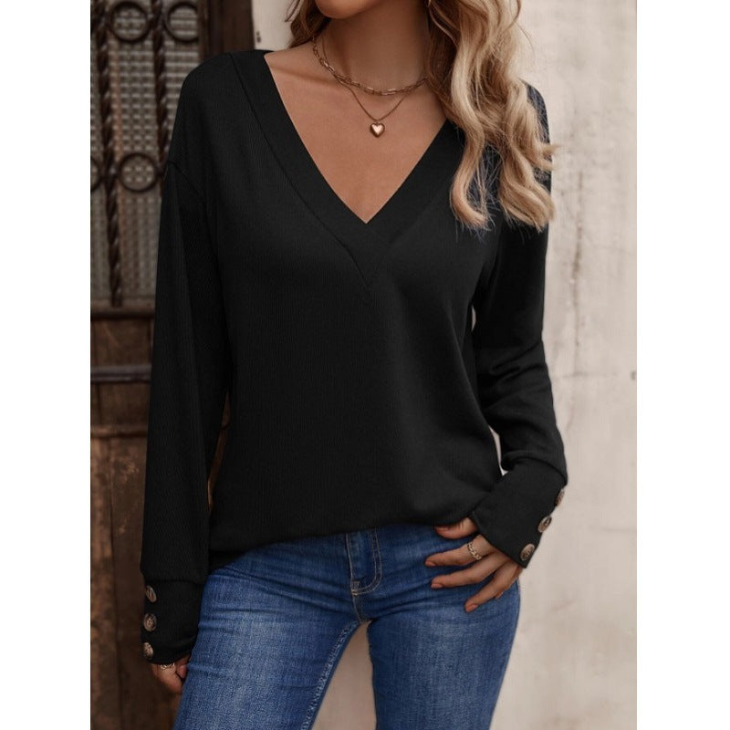Women's casual V-neck top with decorative buttons, size