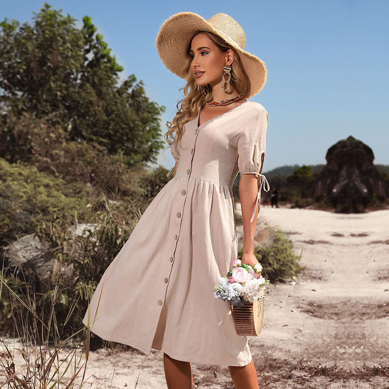Damen-Sommerkleid, knielang, mit V-Ausschnitt und romantischen Knopfdetails, Größe
