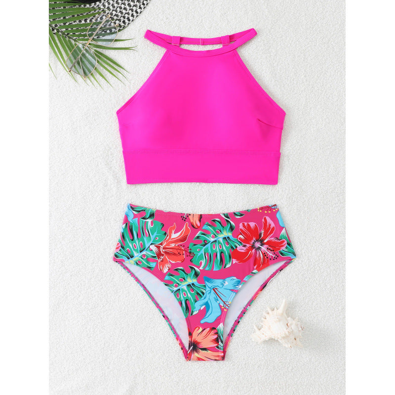 Swimsuit top with high collar and floral high-waisted bottoms, size
