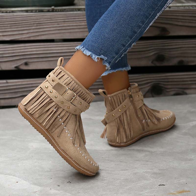 Valenzora | Boho-Stiefeletten mit Fransen und Schnallen für Damen