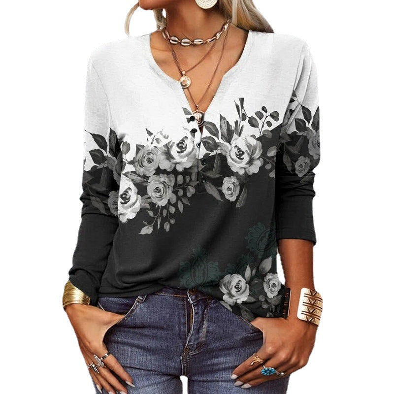 Damen Langarmshirt mit Detaildruck und Knopfleiste, Größe