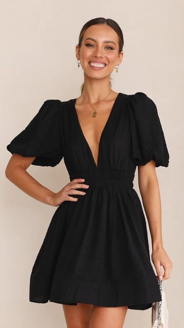 Valenzora | Summer Sweet Deep V-Neck Waist Slimming Pleated Puff Sleeve Dress