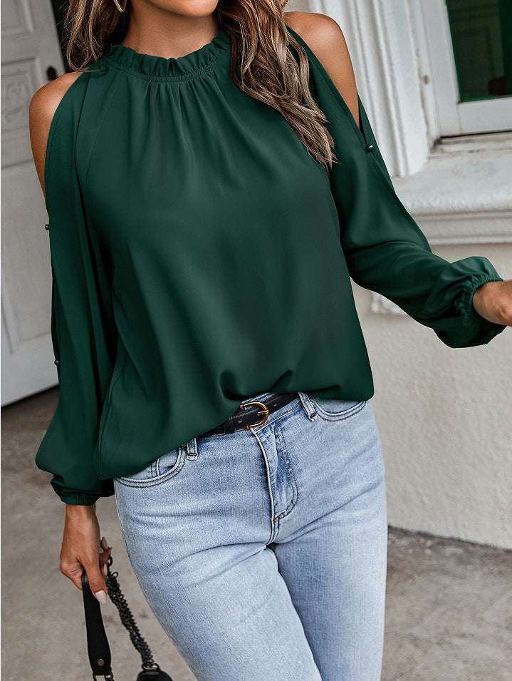 Schickes Damen-Oberteil mit Carmen-Ausschnitt und eleganten Rüschendetails, Größe [Größe]