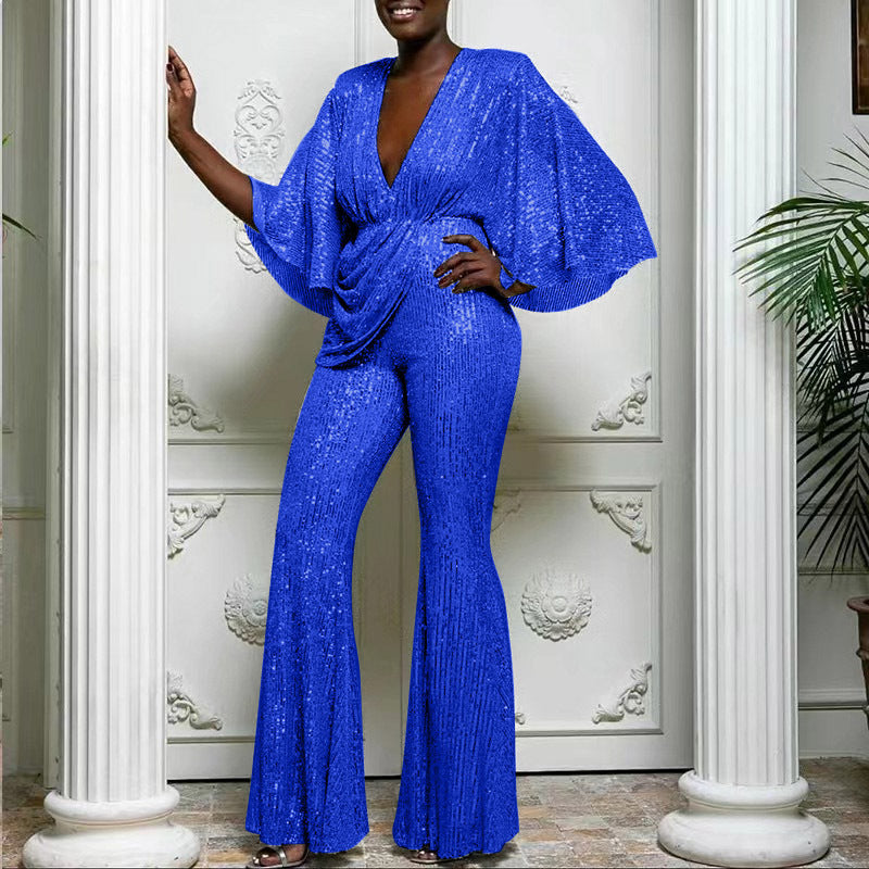 Valenzora | Sequin Deep V Backless Long Pants Jumpsuit