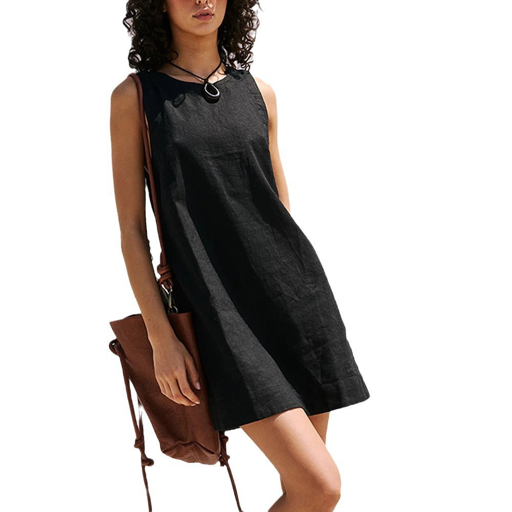 Valenzora | Linen Tank Backless Solid Color Mini Dress