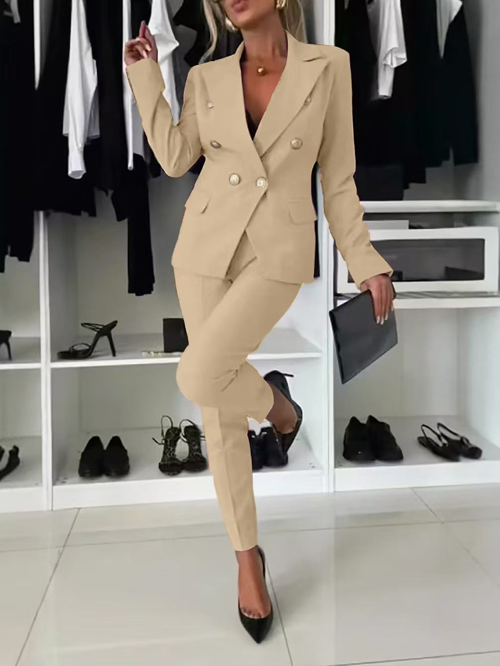 Women's elegant business suit set with double button placket and slim fit, size