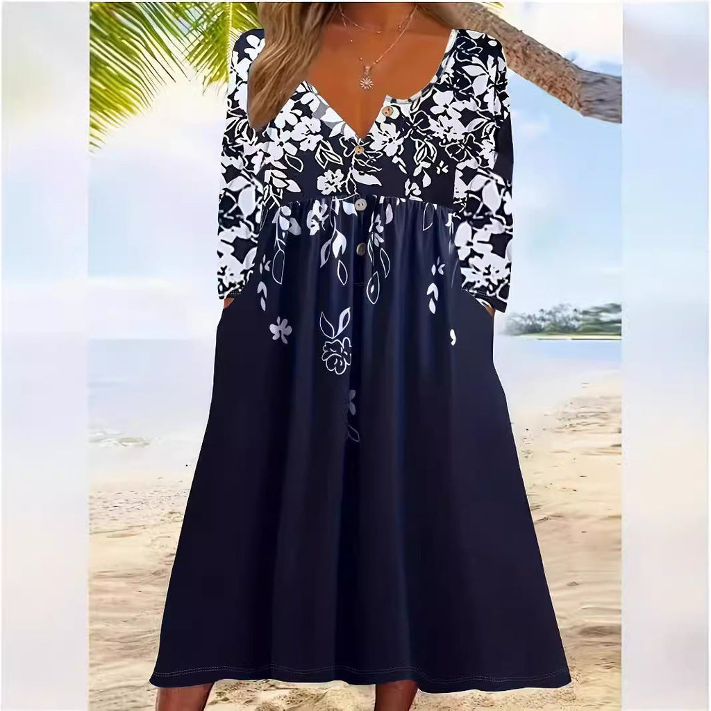 Women's flowing midi dress with floral print and practical pockets, size [size]