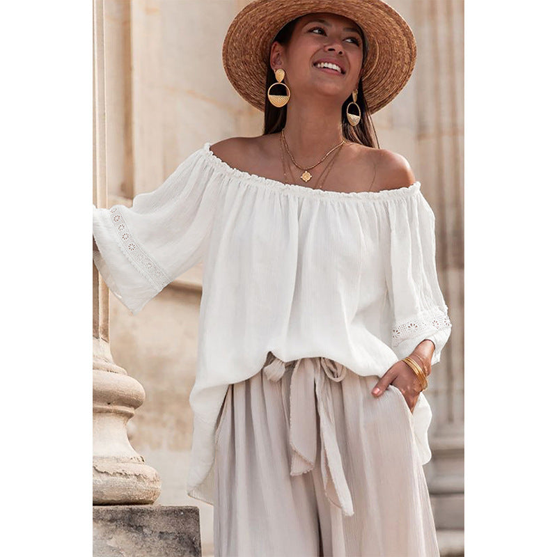 Women's off-shoulder blouse with embroidered details, size