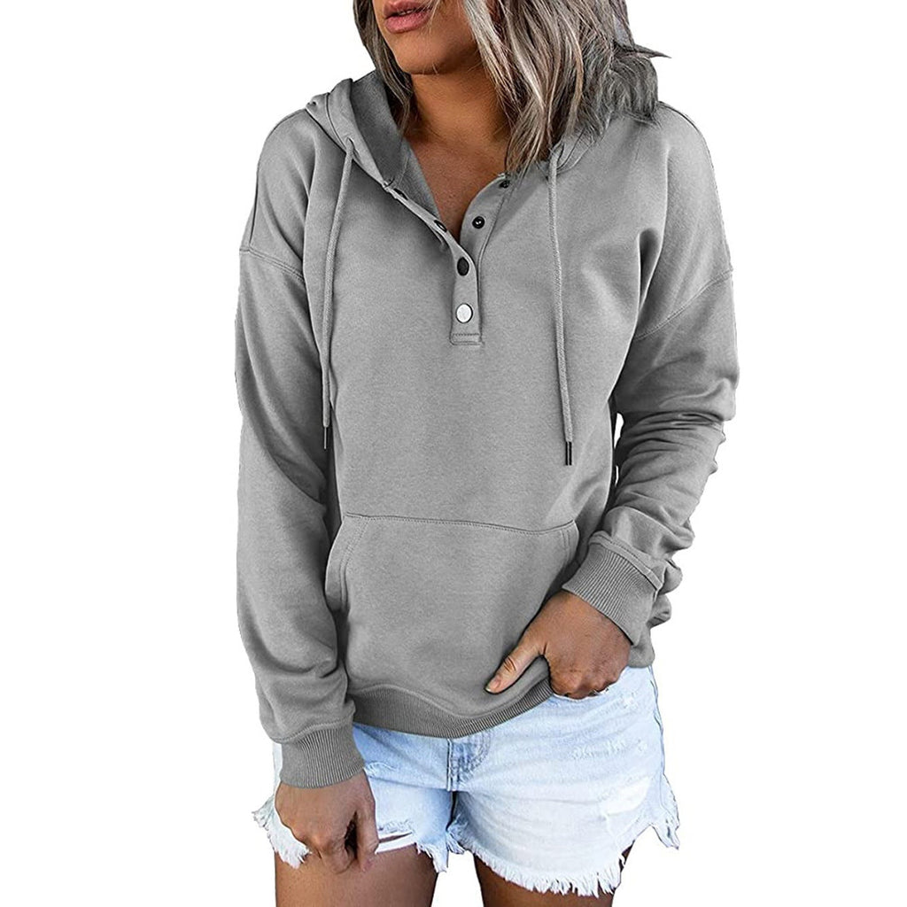 Women's hooded sweatshirt with button placket and relaxed fit, size